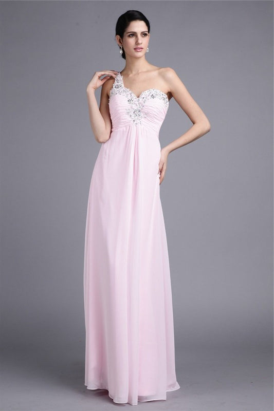 One-Shoulder Sleeveless Applique Beading Sheath/Column Long Chiffon Dresses