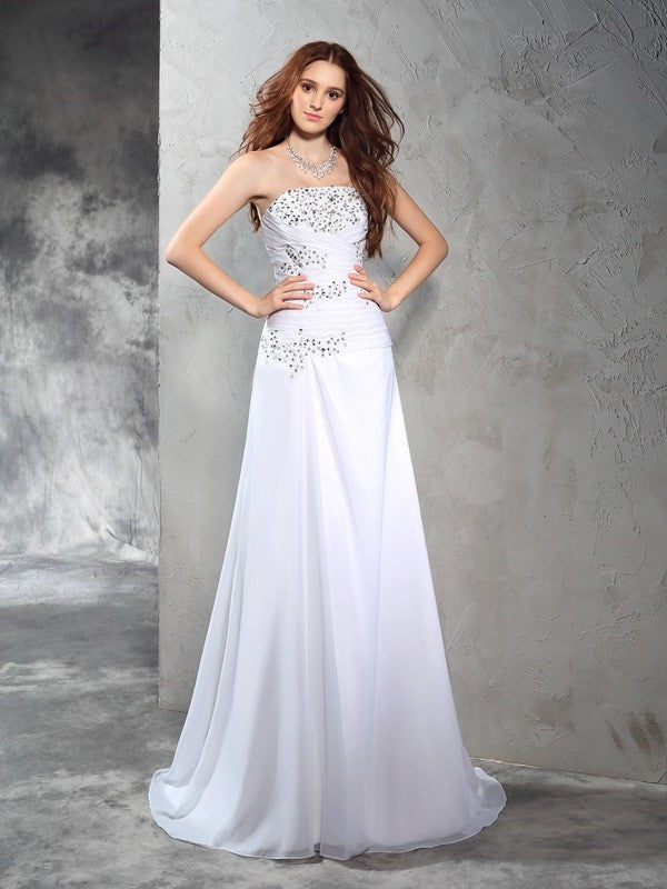 Sheath/Column Strapless Long Beading Sleeveless Chiffon Wedding Dresses