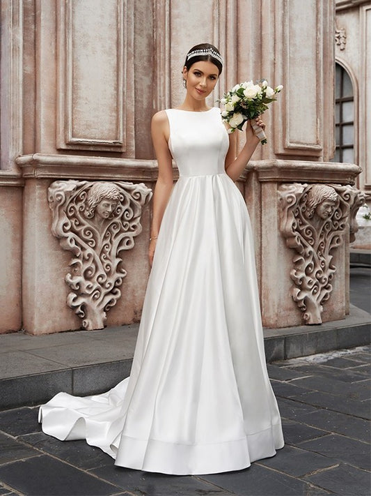 Sweep/Brush A-Line/Princess Sleeveless Scoop Ruffles Satin Train Wedding Dresses