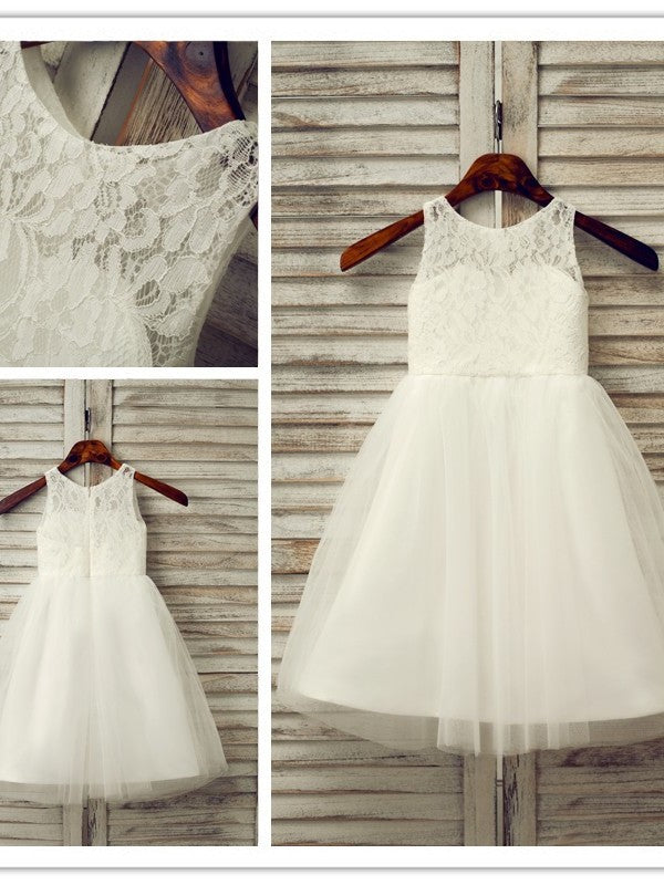 A-Line/Princess Scoop Tulle Sleeveless Lace Tea-Length Flower Girl Dresses