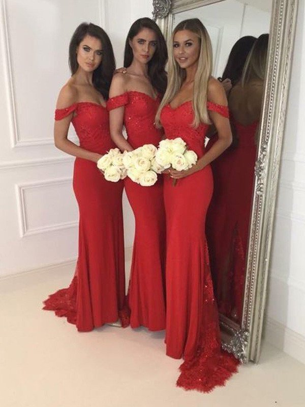 Off-the-Shoulder Jersey Sleeveless Trumpet/Mermaid Sweep/Brush Train Bridesmaid Dresses