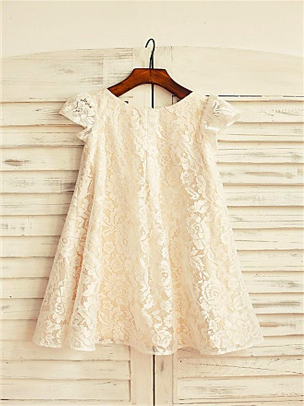 A-line/Princess Tea-Length Scoop Sleeves Short Lace Flower Girl Dresses