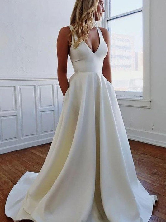 Sleeveless A-Line/Princess Ruffles Crepe Sweep/Brush V-neck Stretch Train Wedding Dresses