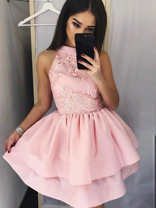 Lace Jewel Sleeveless A-Line/Princess Satin Short/Mini Dresses