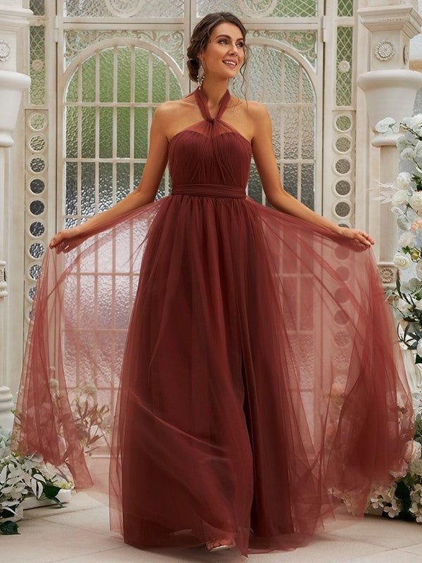 Sleeveless Halter Ruffles A-Line/Princess Tulle Floor-Length Bridesmaid Dresses