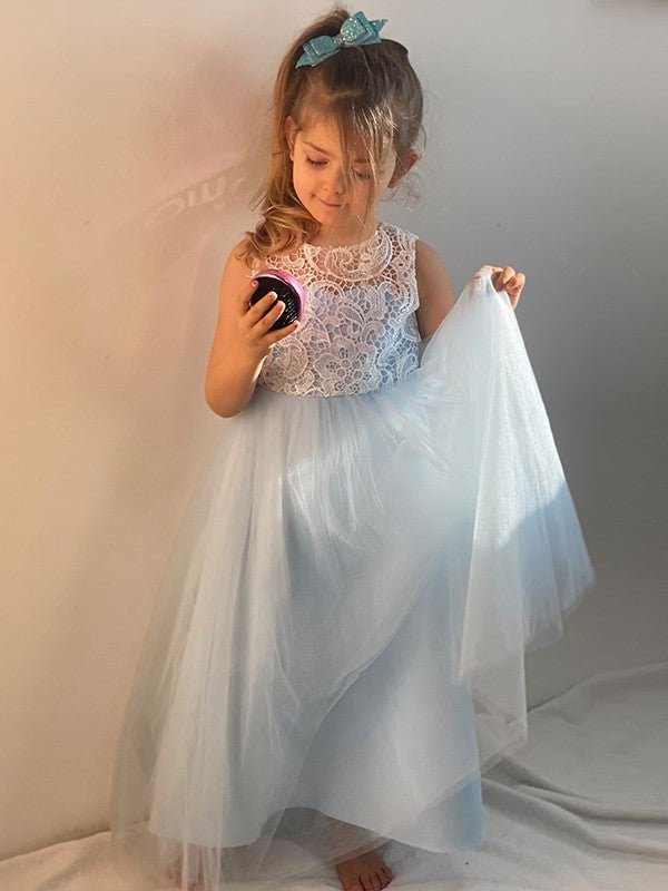 Tulle A-Line/Princess Ankle-Length Sleeveless Scoop Lace Flower Girl Dresses