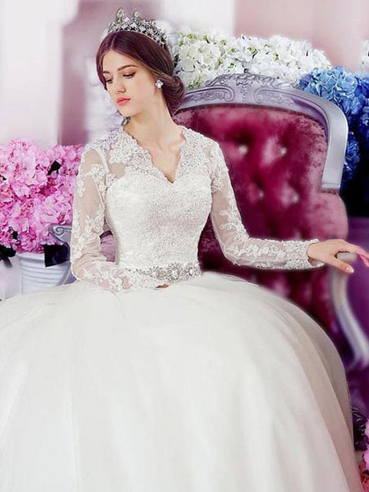 Cathedral Sleeves A-Line/Princess V-neck Train Lace Long Applique Tulle Wedding Dresses