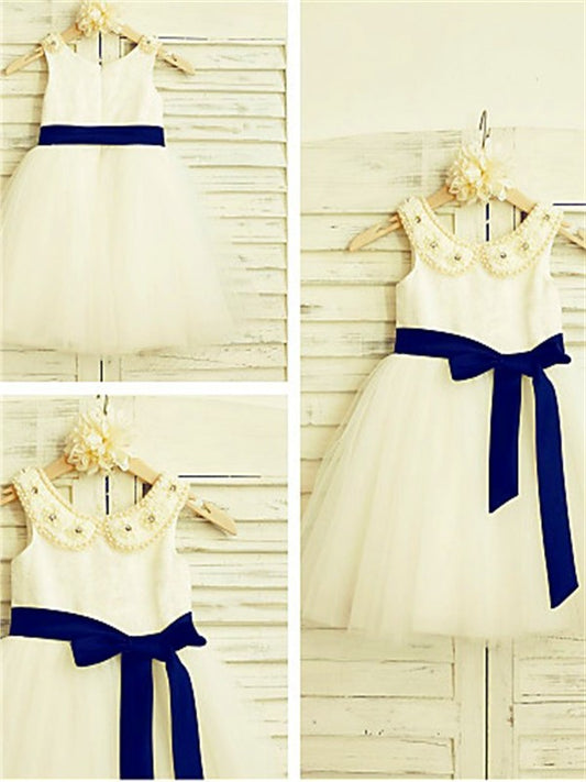 Bowknot Tea-Length Tulle Scoop A-line/Princess Sleeveless Flower Girl Dresses