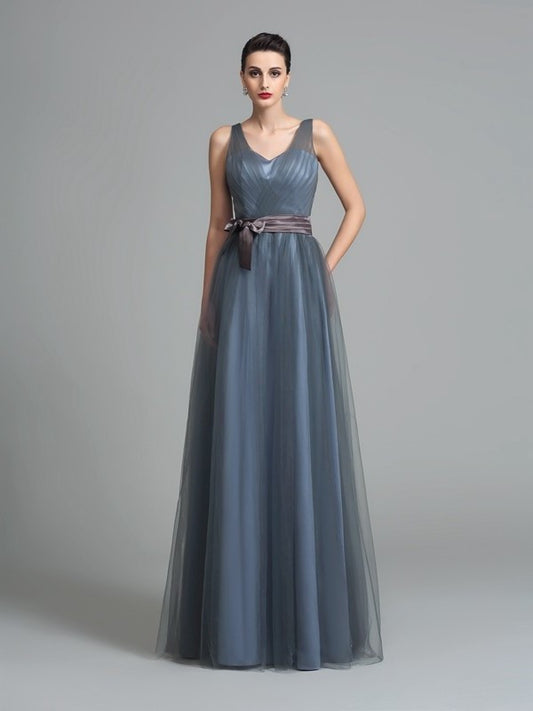 Sleeveless Long Sash/Ribbon/Belt A-Line/Princess Straps Net Bridesmaid Dresses