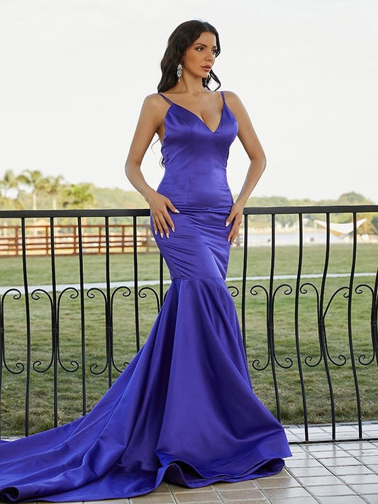 Satin Trumpet/Mermaid Ruffles Sleeveless V-neck Sweep/Brush Train Dresses