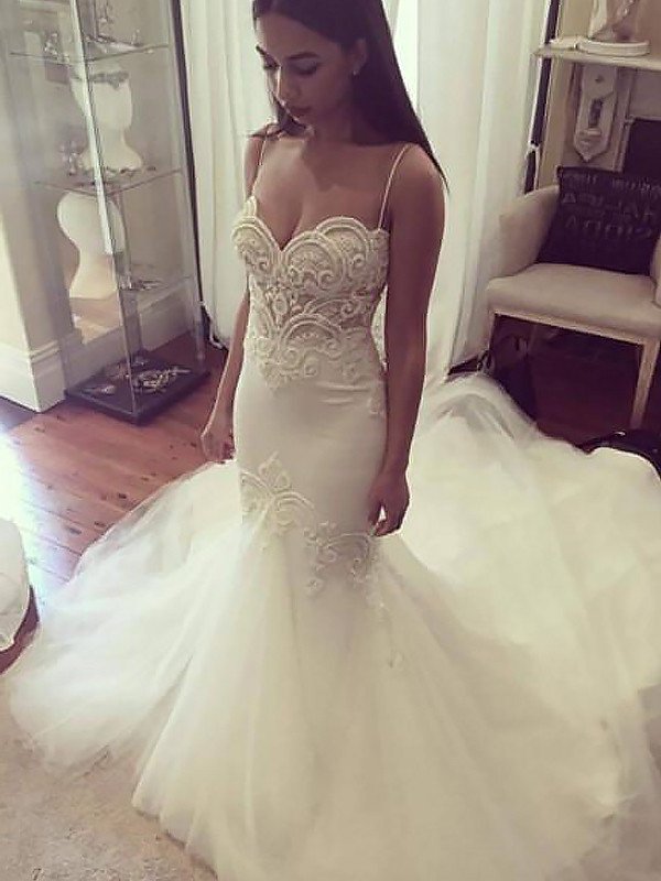 Straps Chapel Sleeveless Spaghetti Train Trumpet/Mermaid Tulle Wedding Dresses