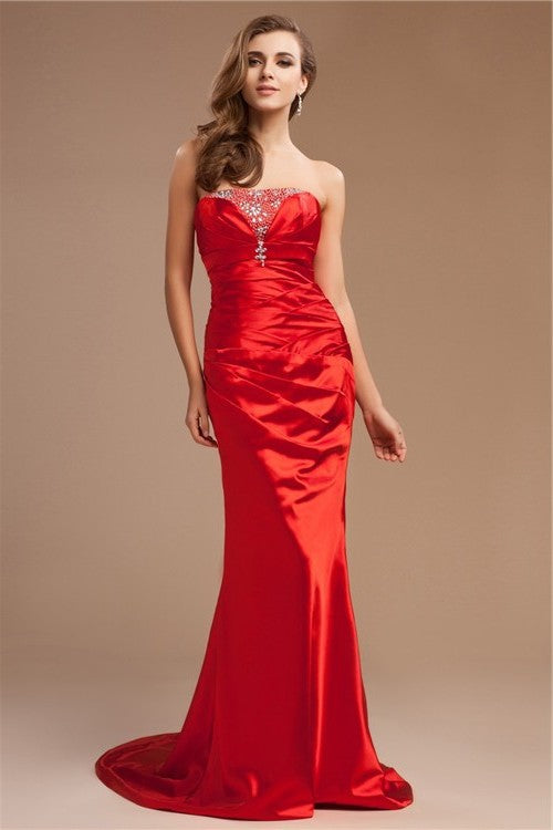 Long Beading Trumpet/Mermaid Strapless Sleeveless Taffeta Dresses