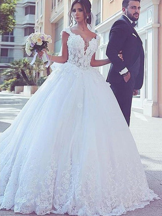 Lace Sweetheart Train Ball Sweep/Brush Gown Sleeveless Tulle Wedding Dresses