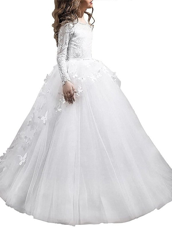 Gown Ball Floor-Length Scoop Long Sleeves Tulle Flower Girl Dresses