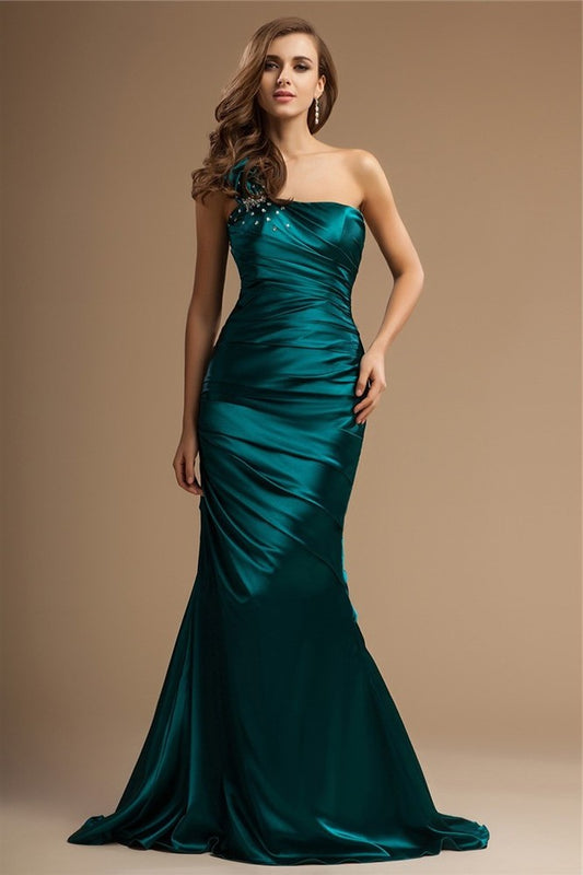 One Sleeveless Trumpet/Mermaid Ruffles Elastic Beading Shoulder Long Woven Satin Dresses