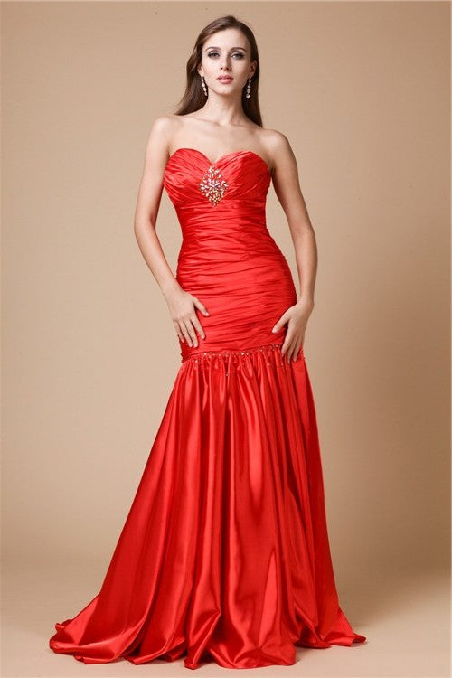 Long Strapless Trumpet/Mermaid Elastic Beading Woven Satin Dresses