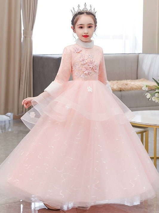 Sleeves 3/4 Tulle High Flower A-Line/Princess Floor-Length Hand-Made Neck Flower Girl Dresses