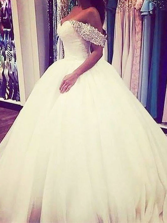 Off-the-Shoulder Sleeveless Ball Gown Tulle Train Sweep/Brush Beading Wedding Dresses