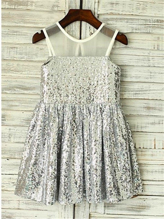 Tea-Length Scoop Sleeveless Sequins A-line/Princess Flower Girl Dresses