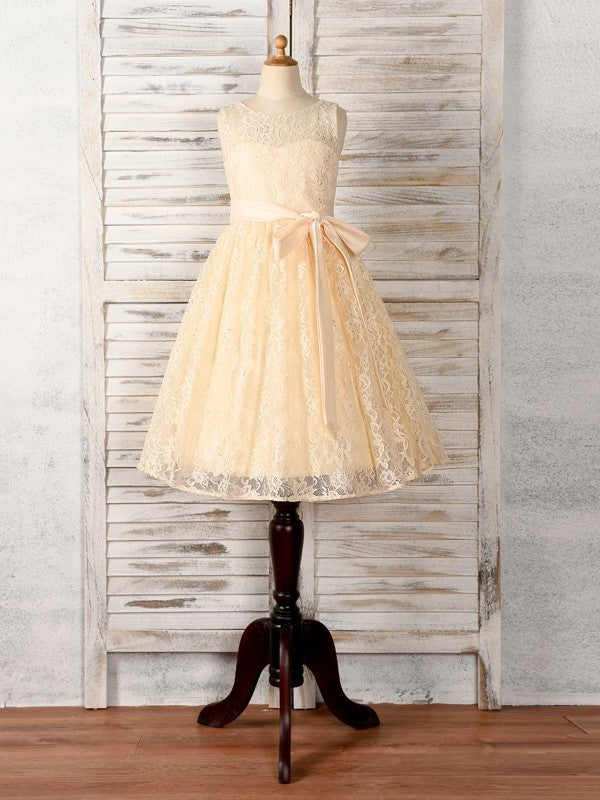 A-Line/Princess Tea-Length Scoop Sash/Ribbon/Belt Sleeveless Lace Flower Girl Dresses