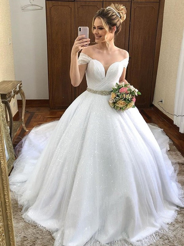 Court Ball Off-the-Shoulder Gown Tulle Train Sash/Ribbon/Belt Sleeveless Wedding Dresses