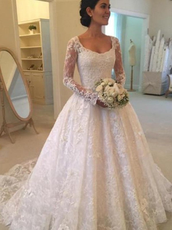 Scoop Train Ruffles Long Sleeves Ball Gown Cathedral Lace Wedding Dresses