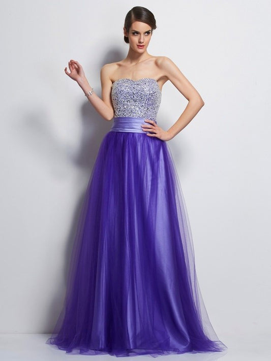 Sleeveless Beading Sweetheart A-Line/Princess Long Net Dresses