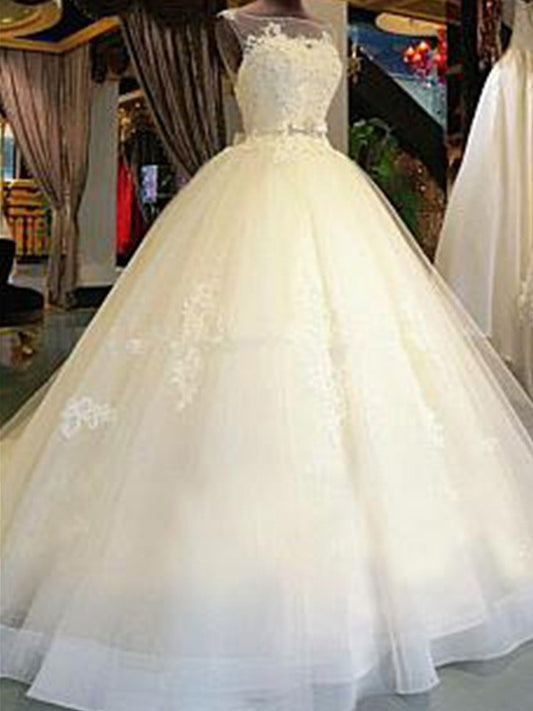 Sleeveless Train Applique Ball Cathedral Gown Scoop Sash/Ribbon/Belt Tulle Wedding Dresses