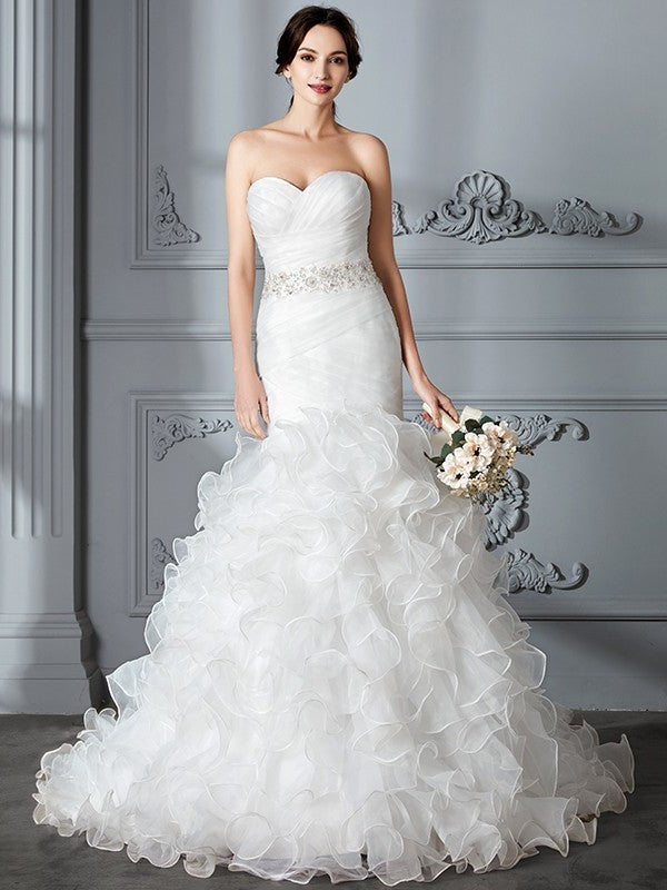 Sweep/Brush Sweetheart Trumpet/Mermaid Ruffle Train Sleeveless Satin Wedding Dresses