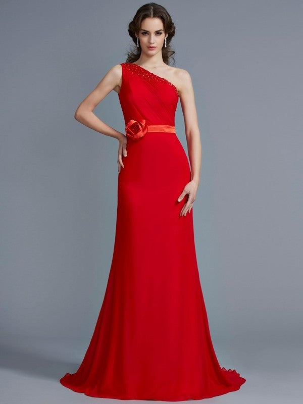 A-Line/Princess Beading Sleeveless One-Shoulder Long Chiffon Dresses