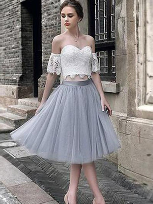 Sleeveless Tulle Lace Tea-Length Sweetheart A-Line/Princess Two Piece Dresses