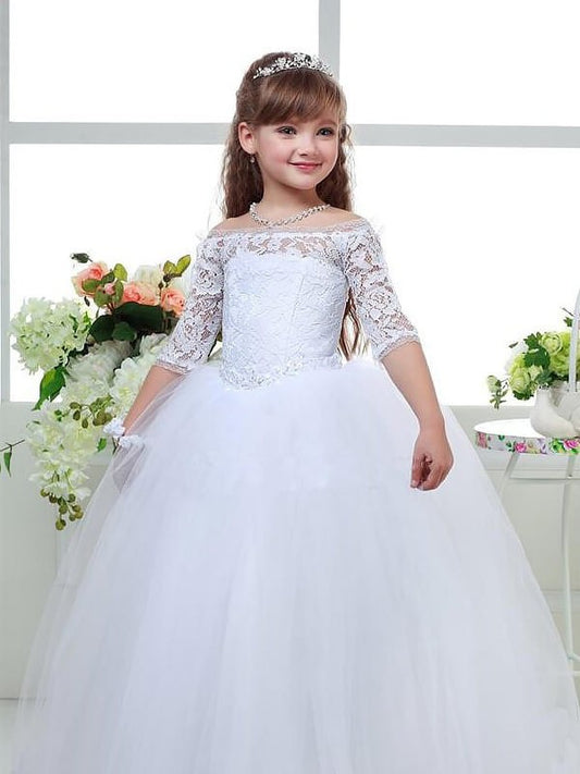 1/2 Sleeves Ball Floor-Length Tulle Gown Lace Off-the-Shoulder Flower Girl Dresses