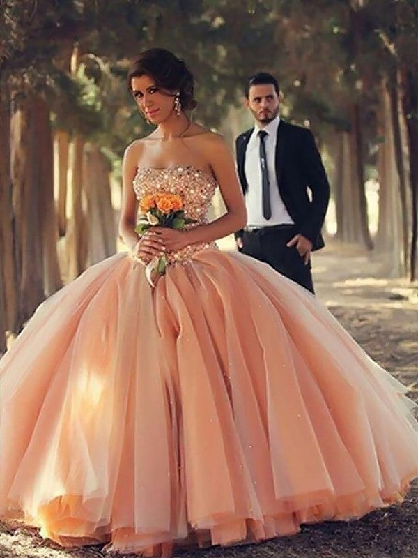 Strapless Ball Gown Beading Sleeveless Floor-Length Tulle Dresses