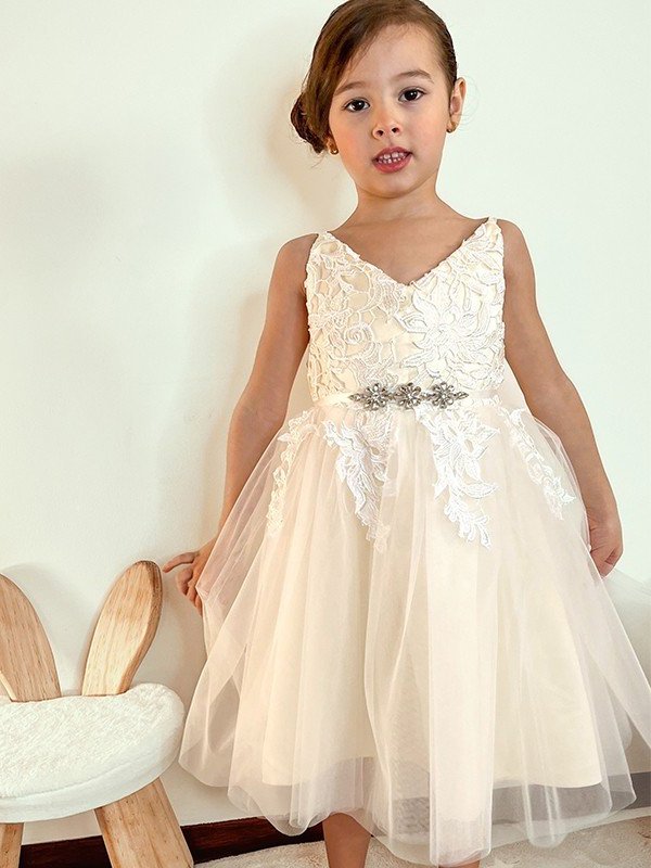 Lace Knee-Length V-neck Tulle A-Line/Princess Sleeveless Flower Girl Dresses