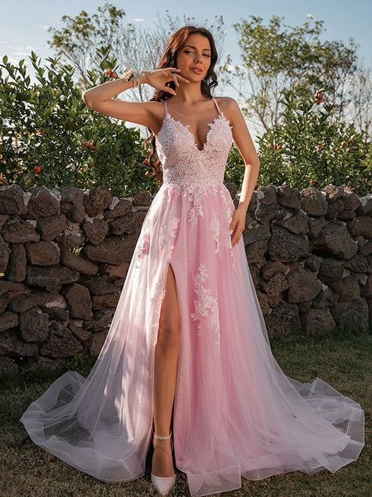 Tulle A-Line/Princess Sleeveless V-neck Applique Sweep/Brush Train Dresses