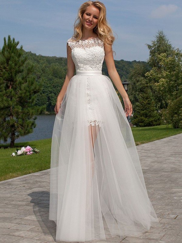 Scoop Floor-Length Sleeveless Sheath/Column Lace Tulle Wedding Dresses