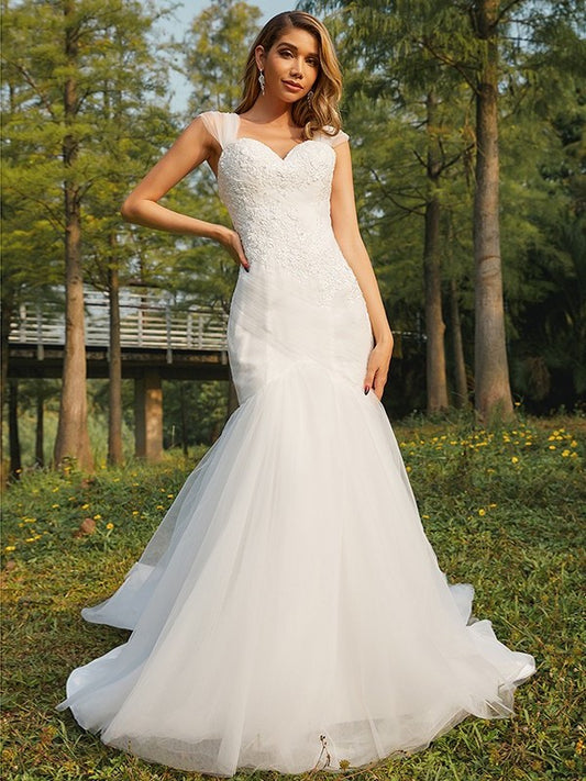 Sweetheart Applique Trumpet/Mermaid Tulle Sleeveless Sweep/Brush Train Wedding Dresses