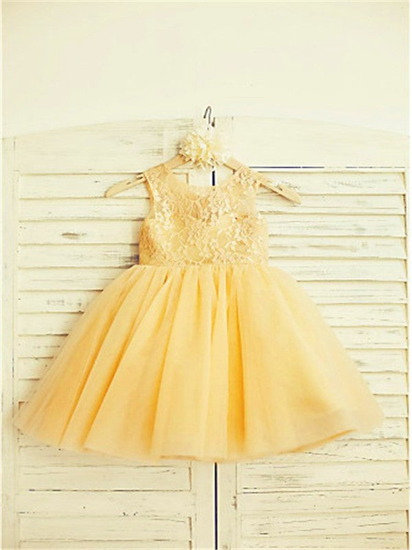 Lace Tea-Length Tulle Scoop A-line/Princess Sleeveless Flower Girl Dresses