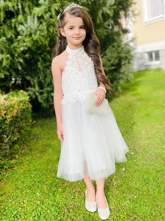 A-Line/Princess Lace Knee-Length Halter Tulle Sleeveless Flower Girl Dresses