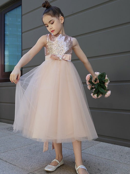 Sleeveless Scoop Bowknot Tulle A-Line/Princess Tea-Length Flower Girl Dresses