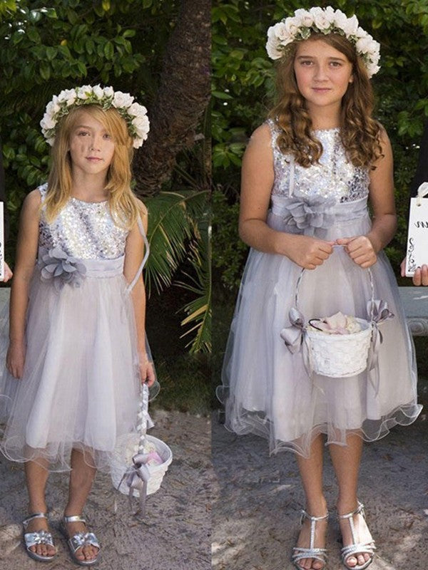 Tea-Length Scoop Sleeveless Hand-Made Tulle Flower A-Line/Princess Flower Girl Dresses