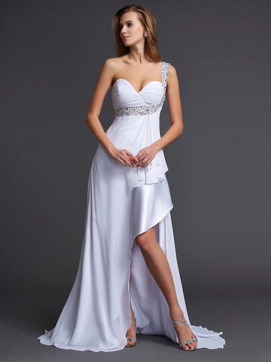 Beading One-Shoulder A-Line/Princess Sleeveless Long Chiffon Dresses