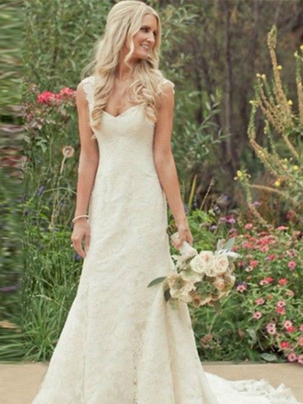 Train Sleeveless Trumpet/Mermaid Sweep/Brush V-neck Lace Wedding Dresses