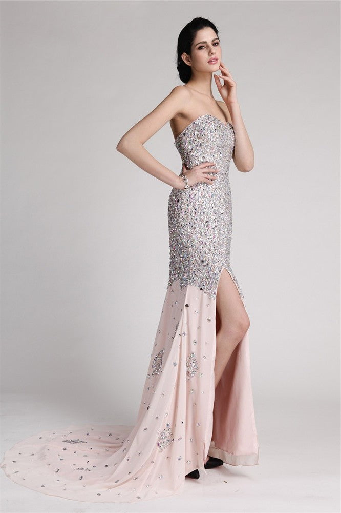 Beading Sleeveless Trumpet/Mermaid Sweetheart Rhinestone Long Chiffon Dresses