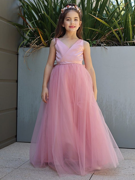 Sleeveless Bowknot Tulle A-Line/Princess Floor-Length V-neck Flower Girl Dresses