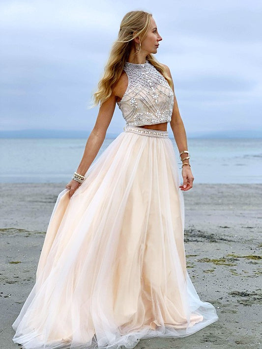 High Sleeveless Beading Tulle Floor-Length A-Line/Princess Neck Two Piece Dresses