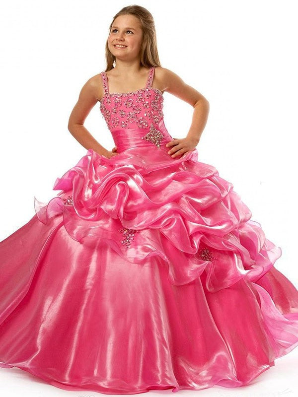 Ball Organza Gown Straps Sleeveless Long Beading Flower Girl Dresses