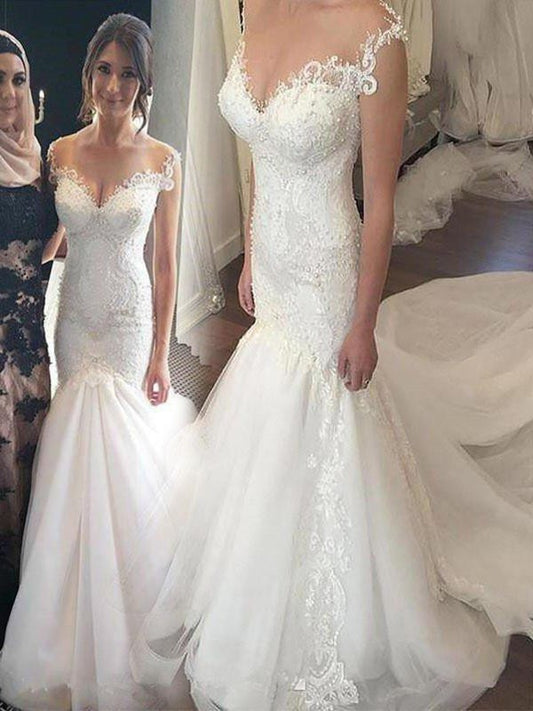 Sleeveless Chapel Applique Trumpet/Mermaid Off-the-Shoulder Tulle Train Wedding Dresses