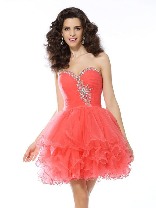 A-Line/Princess Sweetheart Ruffles Sleeveless Short Satin Cocktail Dresses Alma Homecoming Dresses