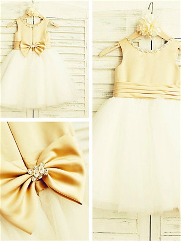 Tulle Bowknot Tea-Length A-line/Princess Scoop Sleeveless Flower Girl Dresses